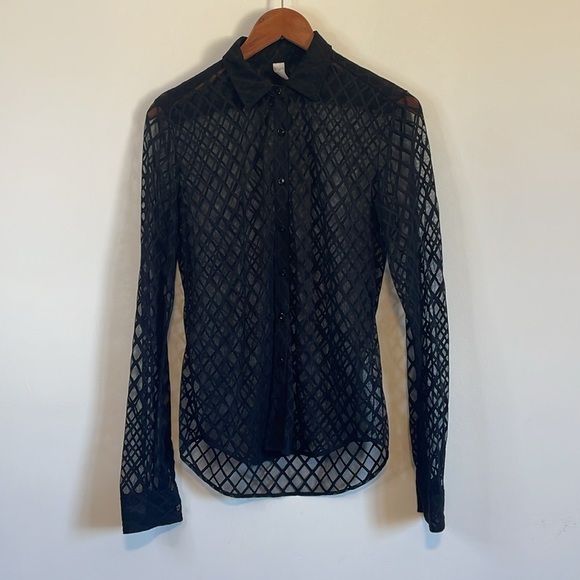 Contemporary Diamond Print Blouse American Apparel Sheer Shirt SM Alt Goth Black - Picture 1 of 14